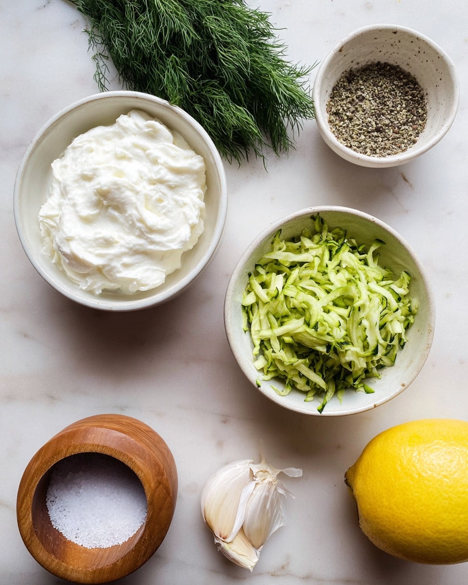 Two small white bowls are placed on a white marbled surface, one filled with thick white cream and the other with shredded green zucchini. Nearby, a whole bright yellow lemon lies next to a bunch of fresh green dill. There is a small white bowl filled with coarse black pepper and a wooden salt container with a partially open lid showing white salt inside. A peeled garlic clove is also on the surface, adding to the fresh ingredients setup. photo taken with an iphone --ar 4:5 --v 7