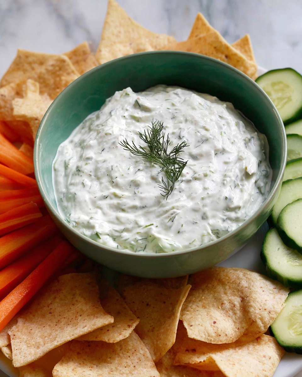 A green bowl filled with a thick, creamy white dip with green herb flecks mixed in and a small sprig of fresh dill on top, surrounded by light beige, triangular corn chips stacked next to the bowl, with long slices of fresh green cucumber and bright orange carrot sticks placed beside the chips, all sitting on a white marbled surface photo taken with an iphone --ar 4:5 --v 7