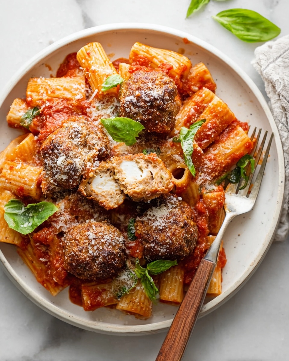 A white plate holds rigatoni pasta with a bright red tomato sauce covering the bottom and mixed through the pasta, creating a rich background. On top, there are several brown meatballs lightly dusted with grated cheese. One meatball is split open, showing a soft white melted cheese center surrounded by a cooked meat layer. Fresh green basil leaves are scattered on top, adding bright color and freshness. A fork with a wooden handle rests on the plate's edge, and the scene sits on a white marbled surface. photo taken with an iphone --ar 4:5 --v 7