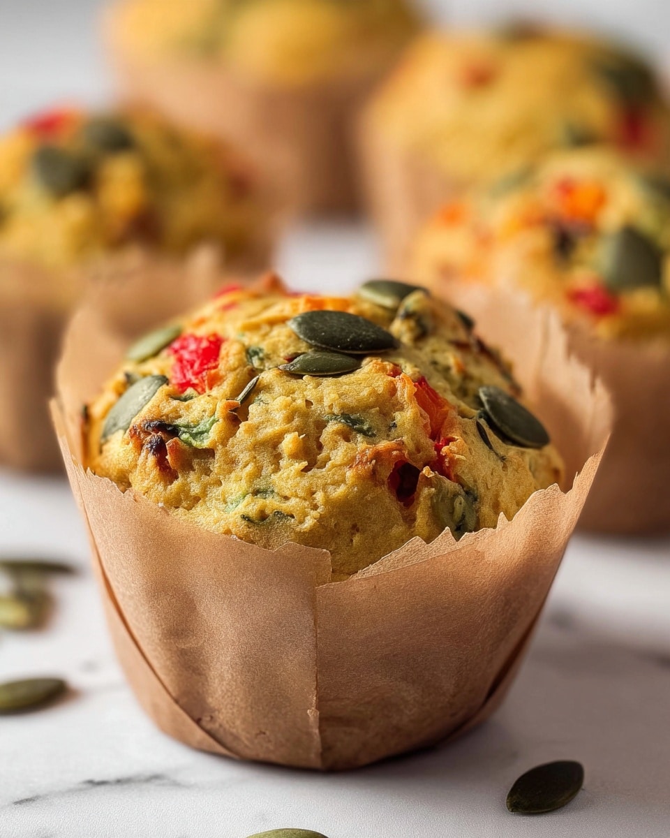 The image shows a close-up of a single muffin in a brown paper liner, sitting on a white marbled surface. The muffin has a slightly cracked top and is studded with green pumpkin seeds and pieces of red and green vegetables within the golden-brown baked texture. In the background, there are blurred similar muffins, creating depth. The colors on the muffin’s surface contrast nicely with the soft light and clean background, making the details of the vegetables and seeds stand out. photo taken with an iphone --ar 4:5 --v 7