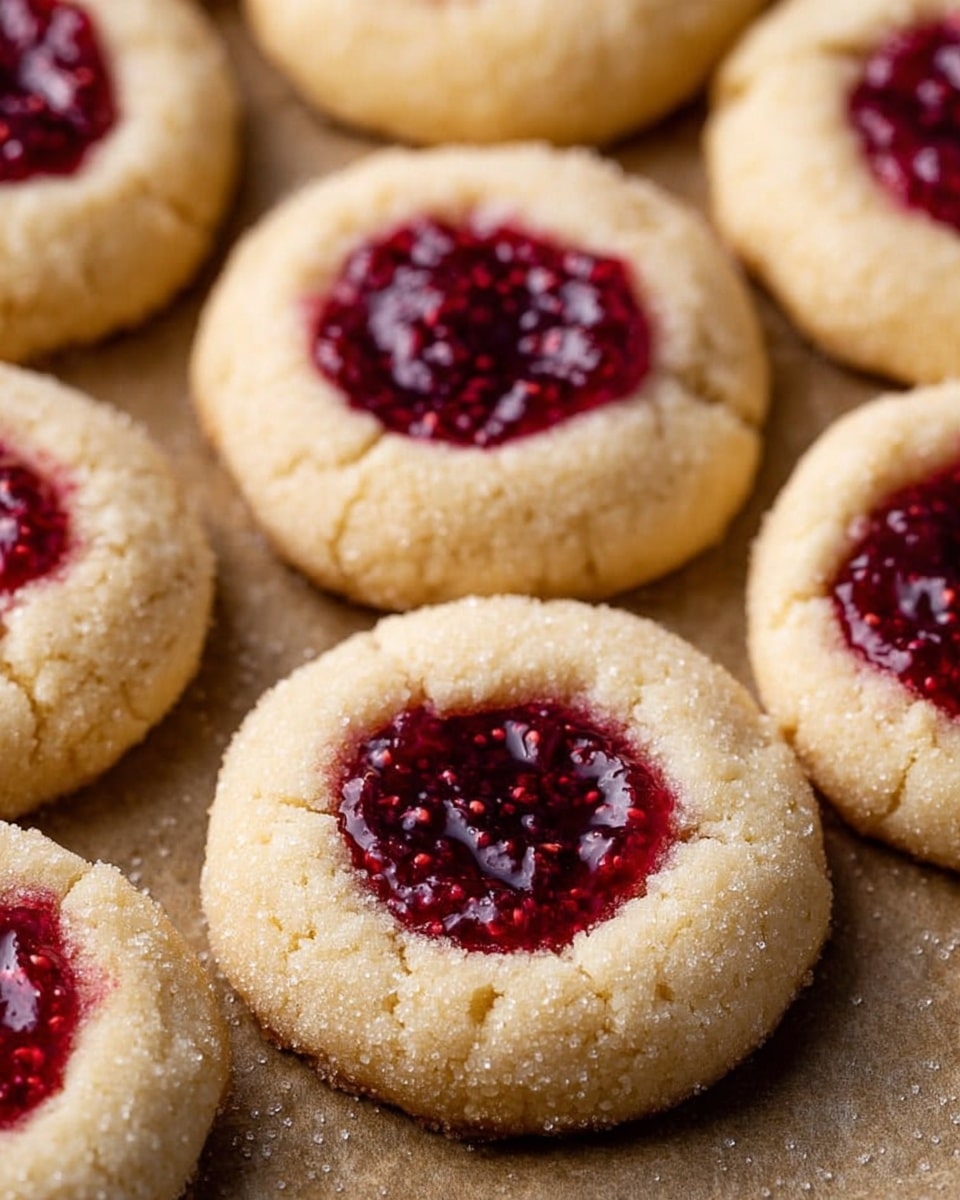 The image shows several round cookies with a soft, light golden brown color and a slightly grainy texture from sugar on their surface. Each cookie has a smooth, slightly sunken center filled with glossy, deep red jam that has tiny bits of fruit, giving it a textured look. The cookies are placed on brown parchment paper with a natural, slightly rough surface. The overall scene focuses closely on the cookies, highlighting their soft texture and rich jam filling. photo taken with an iphone --ar 4:5 --v 7