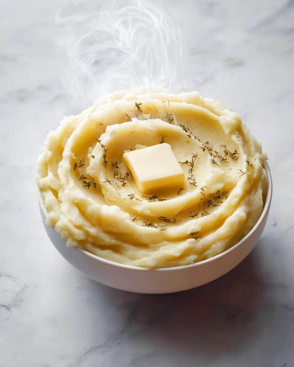 A white bowl filled with creamy mashed potatoes swirled into three thick rings, topped with a neat square of pale yellow butter in the center, and sprinkled with small dried herb bits. Wisps of steam gently rise from the warm mashed potatoes. The bowl sits on a white marbled surface with soft natural lighting highlighting the smooth texture and light golden color of the dish photo taken with an iphone --ar 4:5 --v 7