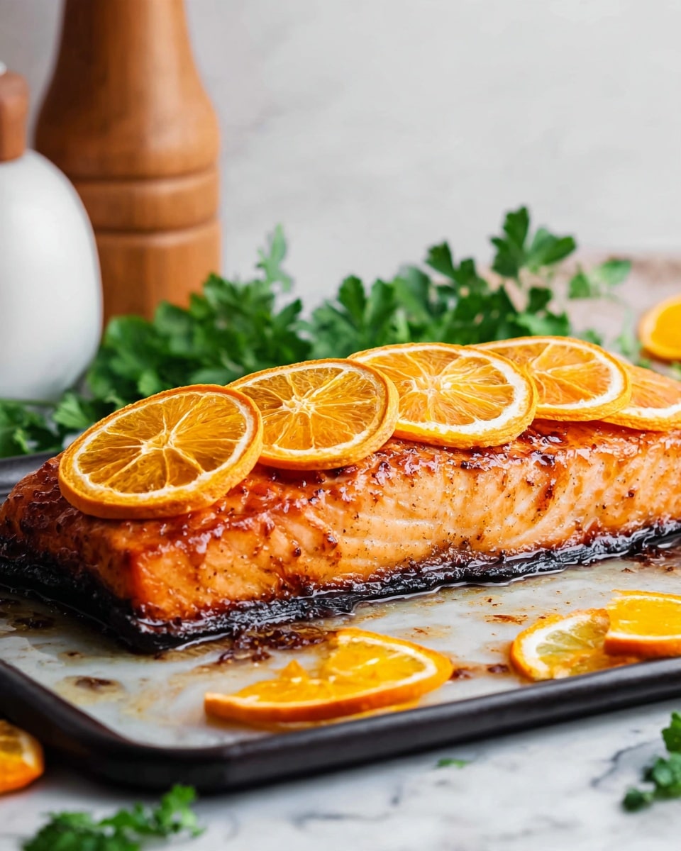 A cooked salmon fillet sits on a black tray placed on a white marble surface. The salmon has a shiny orange glaze with some darker caramelized spots on top. On top of the fillet are five round slices of dried orange, placed evenly in a row across the fillet. Around the tray, there are fresh orange wedges and some green parsley leaves. In the background, part of a white container and a wooden pepper grinder are slightly blurred. Photo taken with an iphone --ar 4:5 --v 7