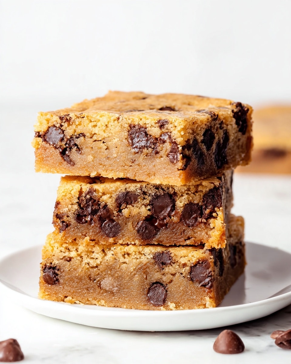 Three thick square pieces of chocolate chip blondies are stacked on a white plate. Each blondie has a light brown, soft, and moist texture filled with melted dark chocolate chips spread evenly throughout. The top surface is smooth with a slight golden hue, while the sides reveal the dense and chewy inside speckled with glossy chocolate chunks. The plate sits on a white marbled surface with a few chocolate chips scattered nearby. Photo taken with an iphone --ar 4:5 --v 7