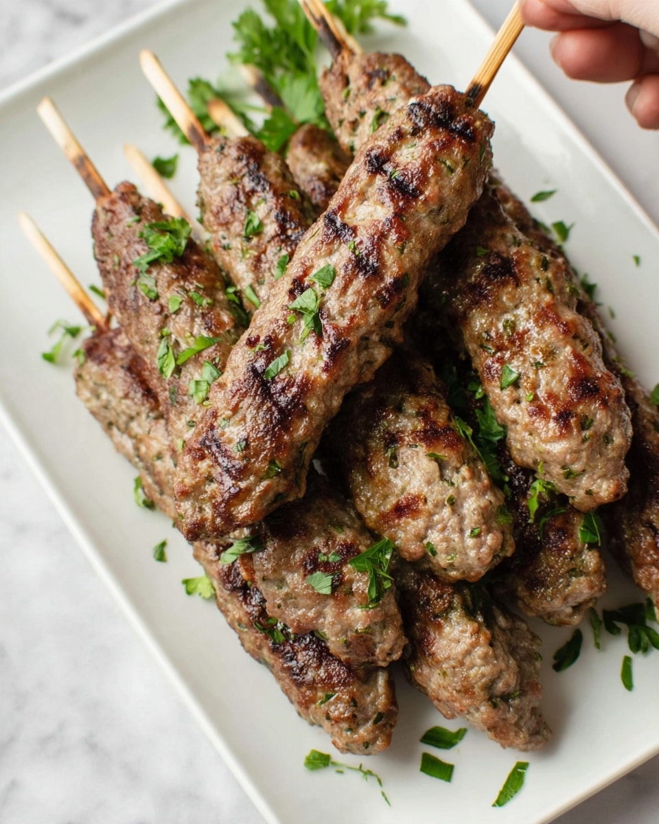 A white rectangular plate holds several grilled meat skewers stacked unevenly. Each skewer has textured, browned ground meat shaped into a long oval with small green herb pieces mixed inside. The meat shows slight charred grill marks and juicy spots. Fresh green chopped parsley is sprinkled on top of the skewers and scattered on the plate. One skewer is held by a woman's hand from the top right corner, lifting it slightly above the others. The plate is placed on a white marbled surface. photo taken with an iphone --ar 4:5 --v 7