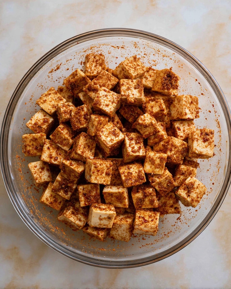 A clear glass bowl filled with many small tofu cubes, each piece coated evenly with a red-brown spice mix, creating a textured look on the pale tofu. The tofu cubes are close together, filling most of the bowl, which sits on a white marbled surface. The spice mix sticks to the bowl’s edges in small patches around the tofu. Photo taken with an iphone --ar 4:5 --v 7