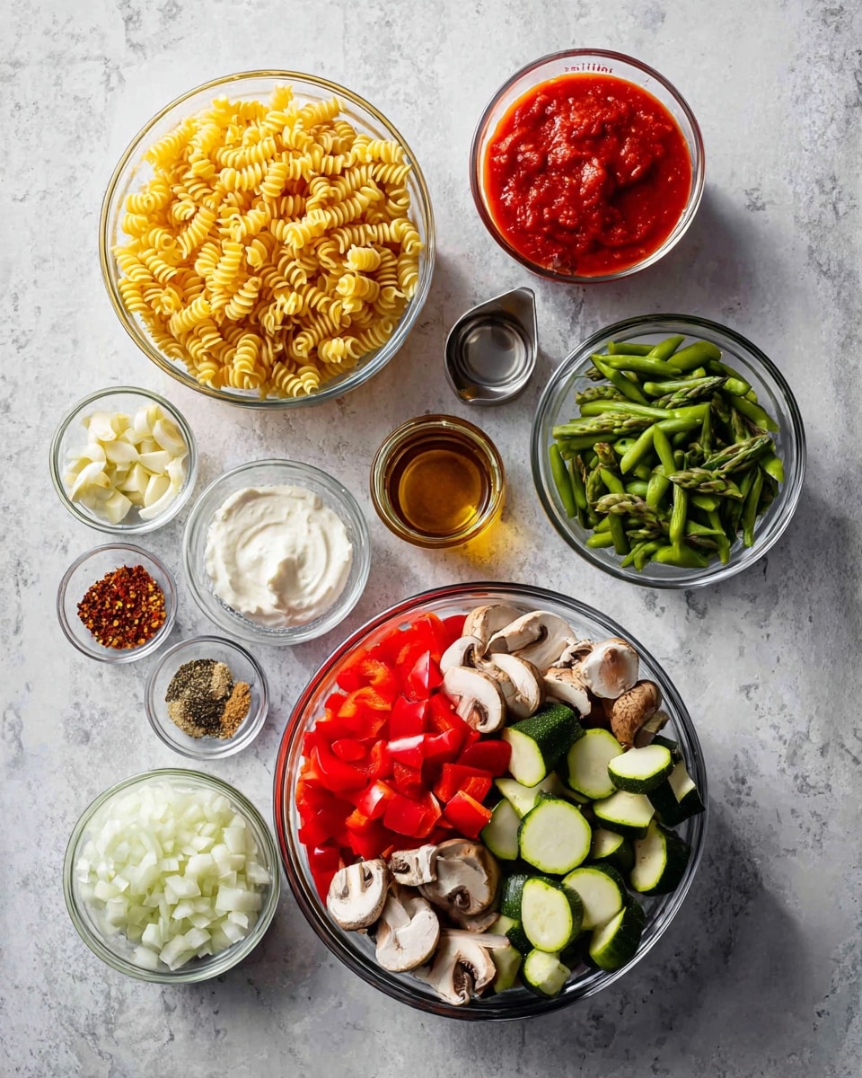 Several clear glass bowls are arranged on a white marbled texture surface holding different ingredients. One large bowl in the center is filled with golden spiral pasta. Below it, a large bowl contains chopped red bell peppers, zucchini slices, and mushroom slices, each showing vibrant red, green, and brown colors. To the right, a smaller bowl holds chopped green asparagus pieces. Above the pasta, a small metal measuring cup contains rich red tomato sauce next to a small jar of golden brown liquid. On the left side, a bowl has white chopped onions, a small bowl contains minced garlic, another has three types of seasonings including crushed red pepper flakes, dried herbs, and salt, and one more bowl holds a creamy white sauce. The setup is bright, fresh, and colorful, arranged neatly for a recipe. Photo taken with an iphone --ar 4:5 --v 7