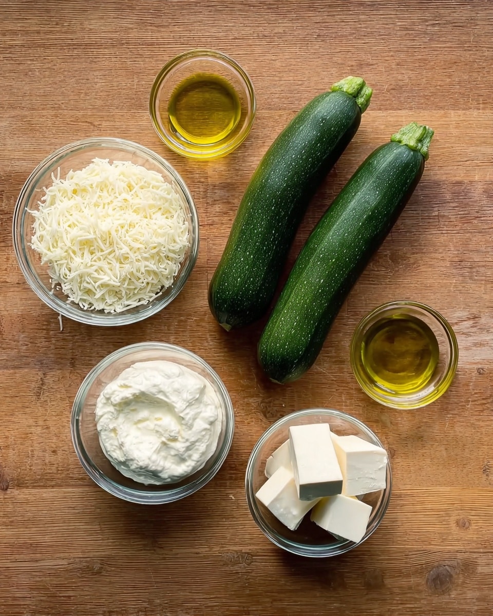 Two dark green zucchinis lie side by side on a wooden surface, surrounded by small clear glass bowls. One bowl contains finely shredded white cheese, another holds a dollop of thick white cream, a third bowl has two white blocks of cream cheese, and next to them is a small glass with golden olive oil. The whole scene is arranged neatly and evenly spaced. Photo taken with an iphone --ar 4:5 --v 7