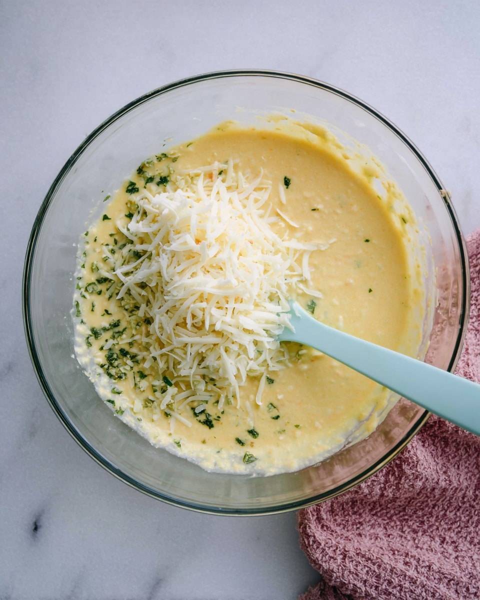 A clear glass bowl sits on a white marbled surface, filled with a yellow batter mixture that takes up about half the bowl's volume. On top of the batter, there is a generous pile of white shredded cheese concentrated on one side. Small green herb pieces are sprinkled around the cheese, mixing slightly with the batter. A light blue spatula rests inside the bowl, leaning on the right side with its tip touching the mixture. To the right of the bowl, a textured pink cloth is partially visible. photo taken with an iphone --ar 4:5 --v 7