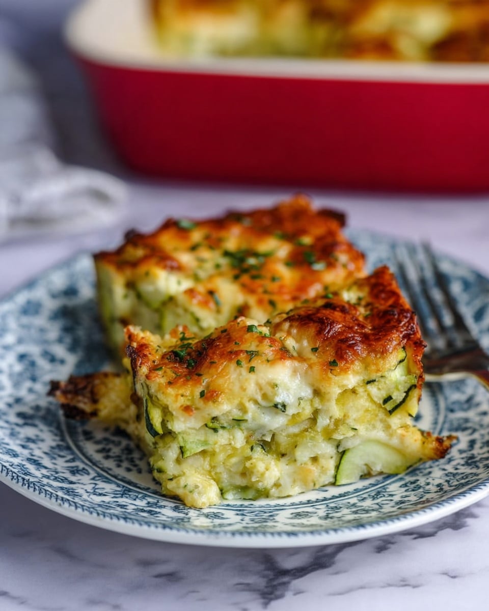 This image shows two square pieces of a baked casserole on a round white plate with a blue pattern. Each piece has about three thick layers: the bottom and middle layers are light green and mixed with small chunks, likely zucchini or similar vegetable, while the top layer is golden brown with melted cheese and some green herbs sprinkled on top. The texture of the top layer looks slightly crispy and bubbly. There is a fork next to the plate and a red baking dish filled with more casserole blurred in the background on a white marbled surface. photo taken with an iphone --ar 4:5 --v 7