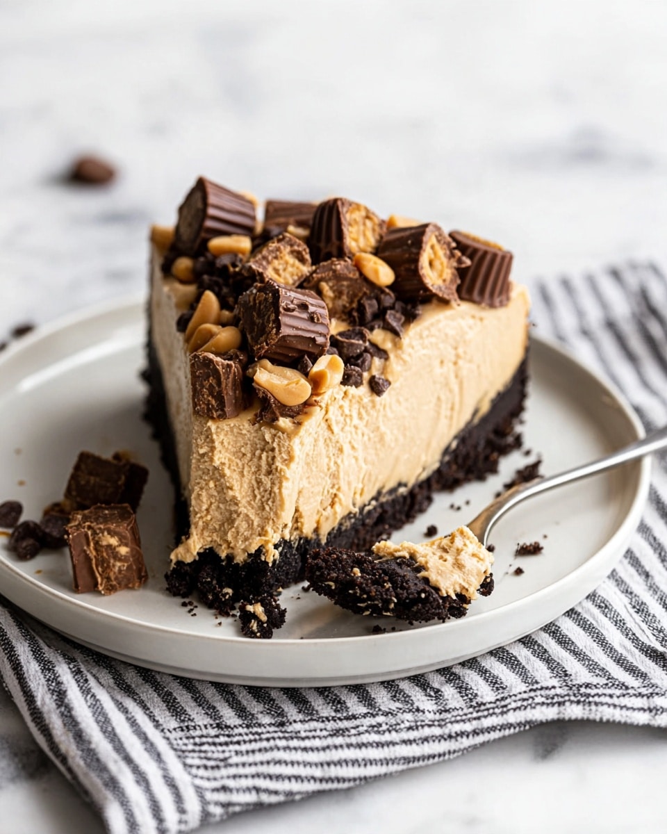 A slice of peanut butter cheesecake with two main layers: a thick, dark brown crumbly crust base, and a creamy light brown peanut butter cheesecake layer on top. The top layer is decorated with chunks of chocolate peanut butter cups and scattered peanut butter chips, adding texture and color contrast with dark brown and tan hues. The cheesecake is placed on a white plate resting on a striped cloth, with a silver fork showing a small bite of cake on its tines beside the slice. The surface underneath is a white marbled texture. photo taken with an iphone --ar 4:5 --v 7