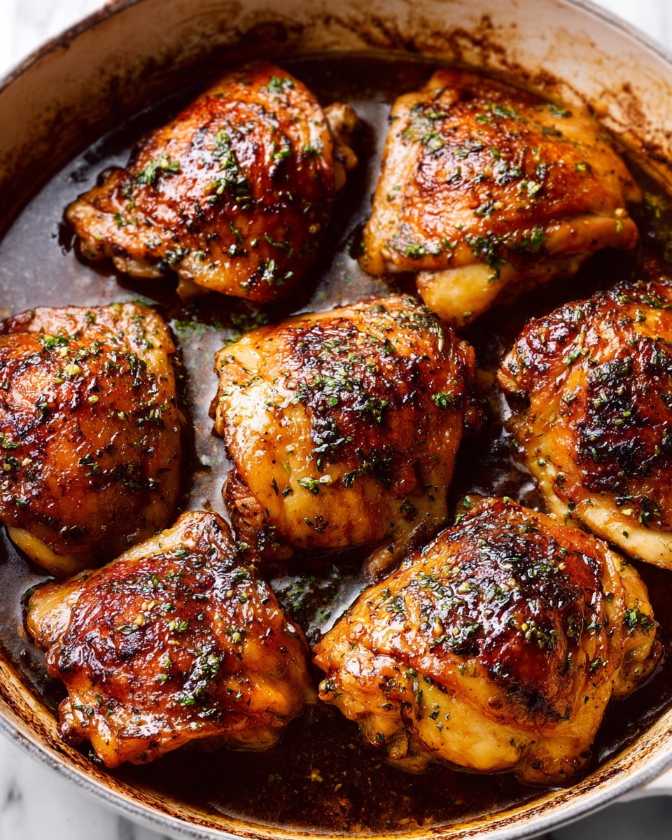 A close-up view of six pieces of cooked chicken thighs with a shiny, golden-brown skin covered in herbs, sitting in a shallow layer of dark, rich sauce inside a round white baking dish with slightly browned edges. The chicken has a crispy texture with some charred spots and is arranged in two rows, filling the dish fully. The surface beneath the dish is a white marbled texture. photo taken with an iphone --ar 4:5 --v 7
