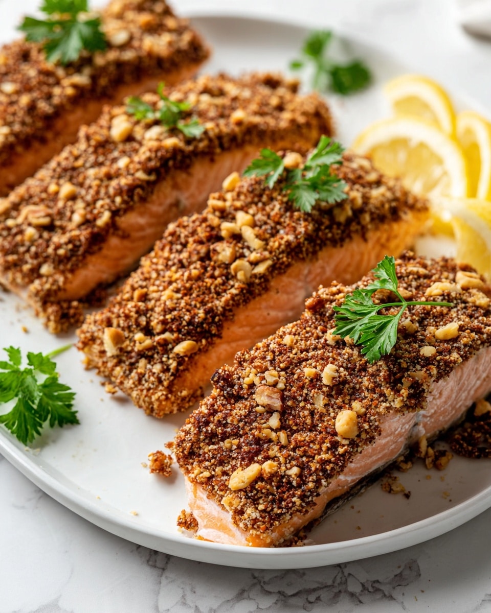 The image shows three rectangular pieces of salmon fillet on a white plate, each with a thick, rough, brown nut crust layer on top. The nut crust has small, uneven chunks giving a crunchy texture. Below the crust, the salmon flesh is a soft pink-orange color, visible on the sides. Small green parsley leaves are placed on top of two pieces, adding a fresh touch. On the right side of the plate, there are bright yellow lemon wedges with a shiny, juicy texture. The plate is set on a white marbled surface. photo taken with an iphone --ar 4:5 --v 7