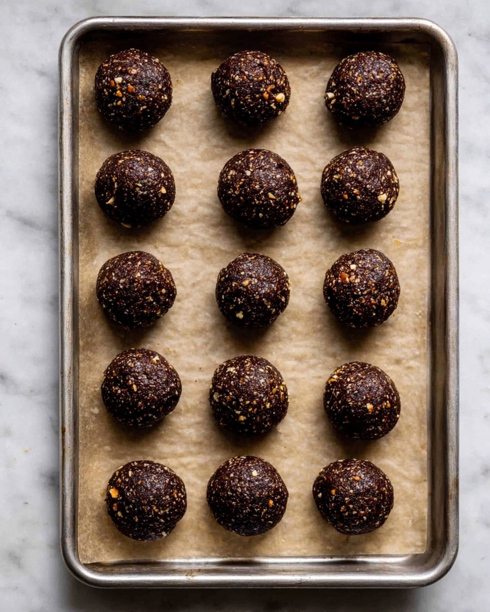 A metal baking tray holds 15 round dark brown dough balls arranged in three rows of five on a sheet of parchment paper. The dough balls have a textured surface with small bits of lighter-colored nuts or seeds visible. The tray sits on a white marbled surface. photo taken with an iphone --ar 4:5 --v 7