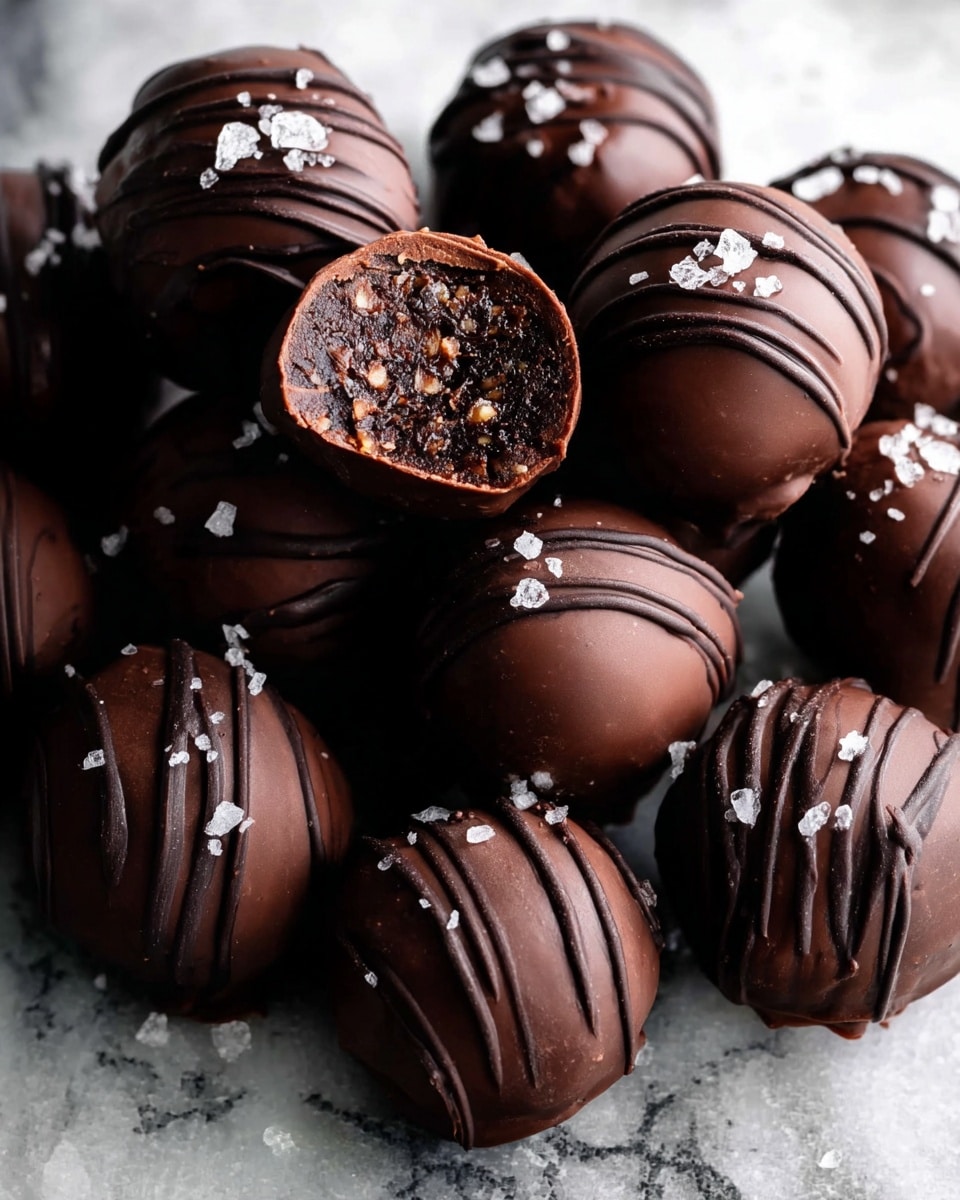 A close-up view of dark chocolate truffles piled together on a white marbled textured surface. Each truffle is coated with a smooth, shiny layer of dark chocolate. Some have thin stripes of darker chocolate drizzled over the top, while others are topped with small flakes of sea salt. One truffle is cut open, showing a rich, textured filling inside that is dark brown with bits of what looks like nuts or seeds. The overall look is rich and glossy with a mix of smooth and slightly rough textures, arranged in a natural pile. Photo taken with an iphone --ar 4:5 --v 7