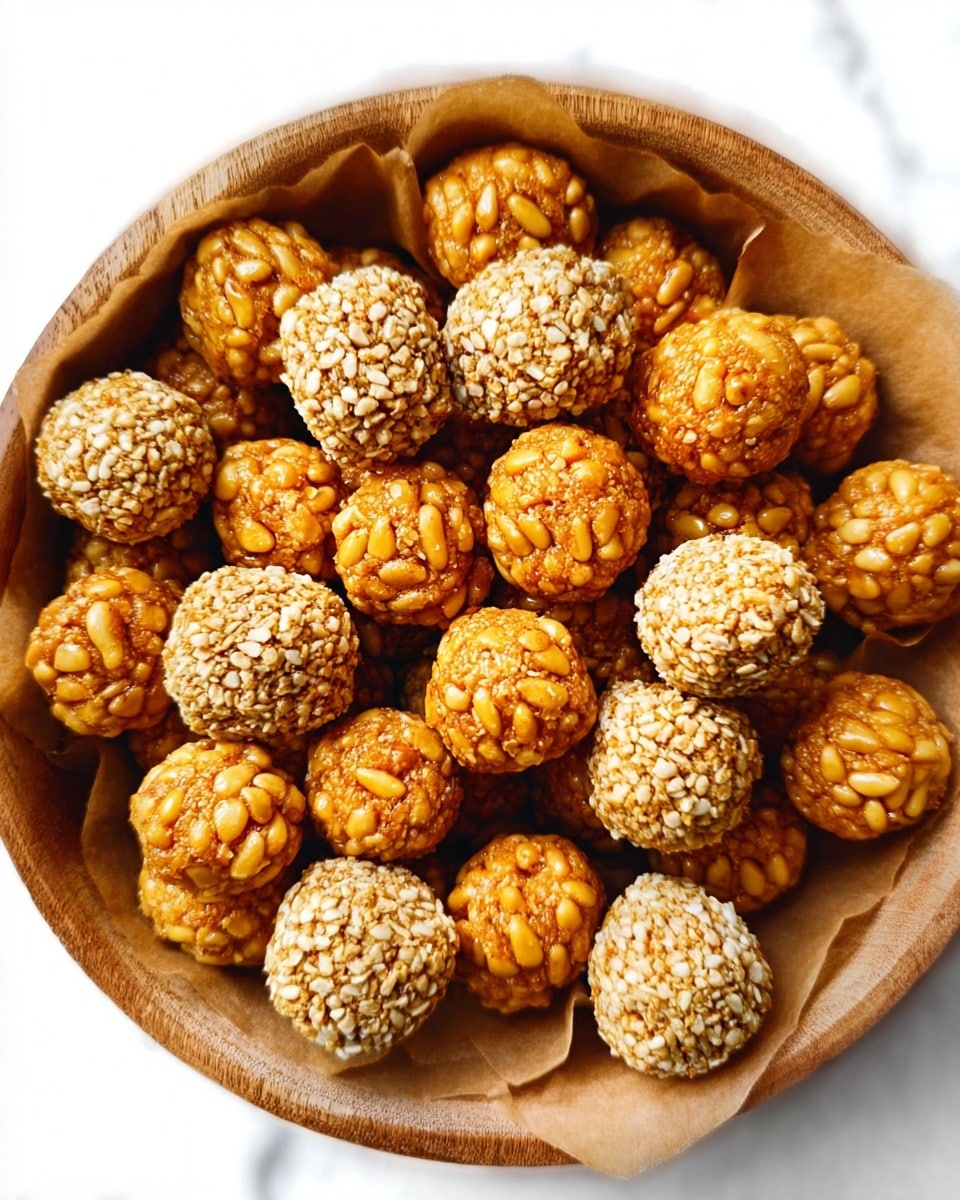 A round wooden bowl lined with parchment paper holds many small, golden snack balls closely packed together. There are two types of balls: one type is round and covered in whole pine nuts with a shiny, smooth texture, while the other type is cylinder-shaped and coated with finely chopped nuts, creating a rough and crumbly look. The colors range in warm golden and light brown shades, with a baked finish that gives a slightly toasted appearance. The background is a white marbled surface. photo taken with an iphone --ar 4:5 --v 7