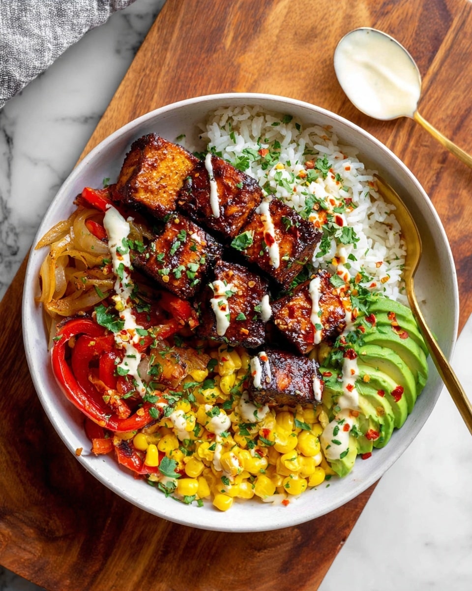 A white bowl shows a colorful layered dish starting with a base of white rice mixed with small bits of green herbs on the right. On the bottom right, thin slices of light green avocado are arranged neatly. The top right has bright yellow corn kernels. The left side has sautéed red bell peppers and onions with a shiny texture. On top, in the center, there are several square pieces of dark brown grilled tofu or meat with a shiny glaze, sprinkled with green herbs and red chili flakes. A light drizzle of creamy white sauce is spread across the top. A gold spoon rests on the left side of the bowl, and the bowl is placed on a wooden board with a white marbled background. photo taken with an iphone --ar 4:5 --v 7