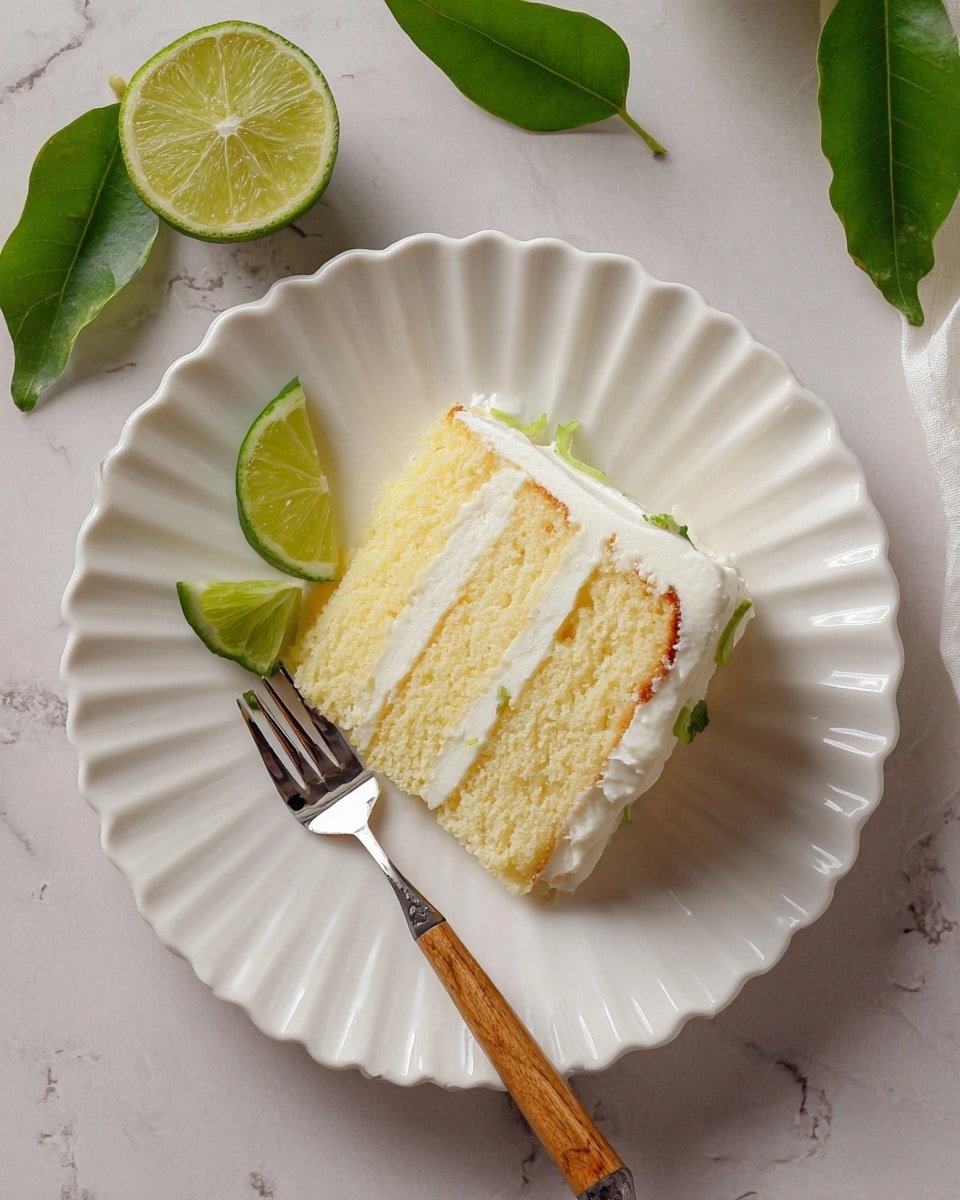 A slice of three-layer light yellow cake with white cream frosting between each layer and on the outside sits centered on a white scalloped plate. A small fork with a wooden handle rests diagonally near the bottom left of the plate, with its tines touching the cake. Above the plate is a half-cut lime with green skin and light green flesh, along with a few fresh green leaves. The whole setup is placed on a white marbled surface. photo taken with an iphone --ar 4:5 --v 7
