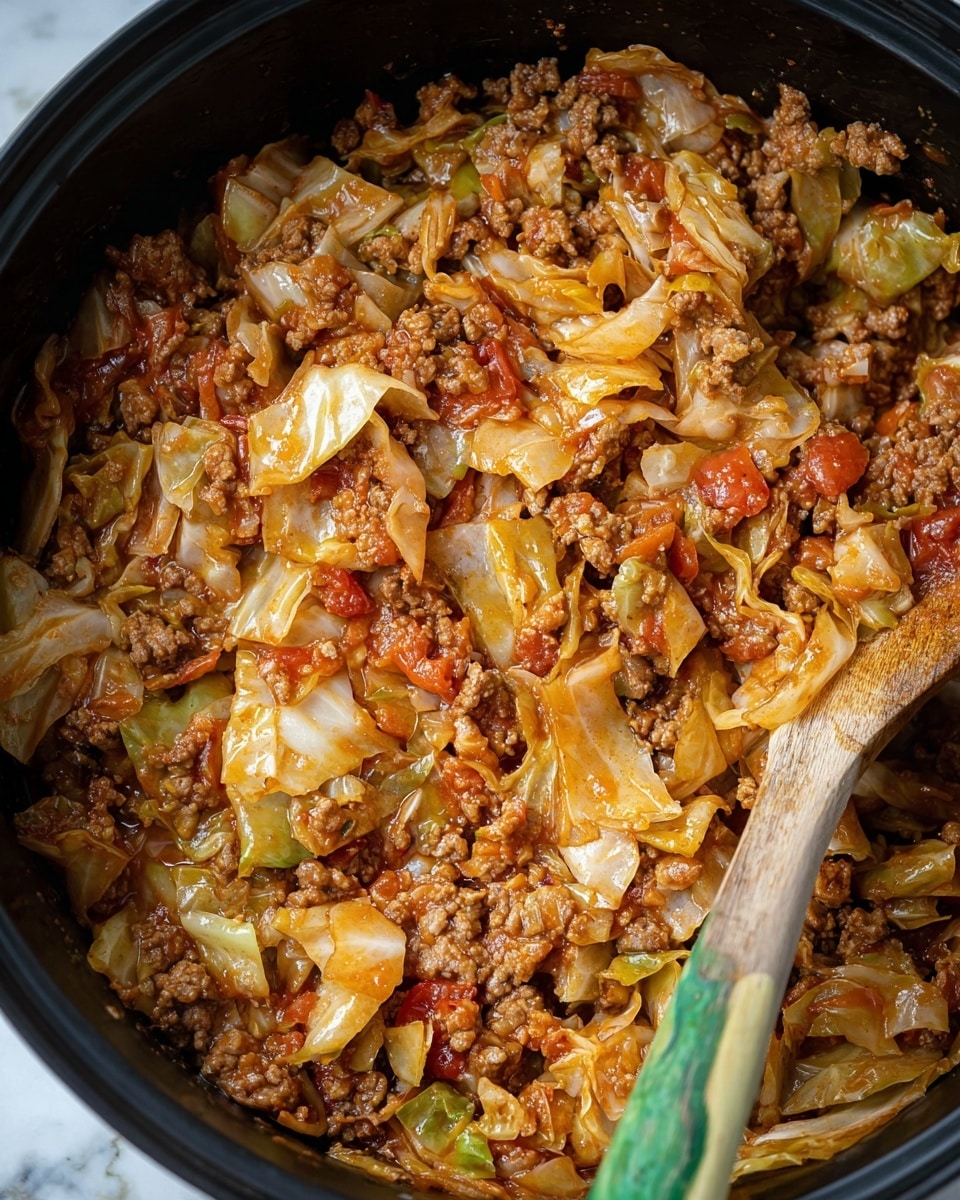 This close-up image shows a large black pot filled with a hearty mixture of chopped cabbage and cooked ground meat in a rich, reddish-brown sauce. The dish has layers of soft, pale green cabbage pieces that have absorbed the sauce, mixed evenly with crumbled brown meat throughout. Small chunks of tomato and bits of herbs are visible, giving the overall texture a slightly chunky, moist look. A wooden spoon with a green and natural wood handle scoops the mixture from the pot, resting near the bottom right. The background is a white marbled texture. Photo taken with an iphone --ar 4:5 --v 7