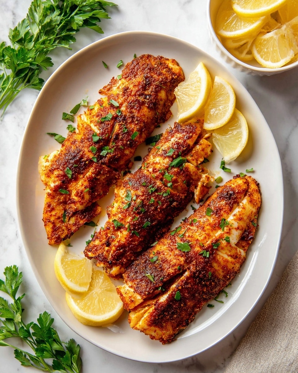 The image shows a white oval plate with four golden-brown pieces of cooked fish arranged in the center. The fish has a crispy, spiced crust with visible flakes and a lightly charred texture, sprinkled with small bits of chopped green herbs. Around the fish, there are three lemon wedges placed on the plate’s lower left and right sides. To the upper right of the plate is a small white bowl filled with lemon slices, and a sprig of fresh green parsley is placed next to the plate on the white marbled surface. Photo taken with an iphone --ar 4:5 --v 7
