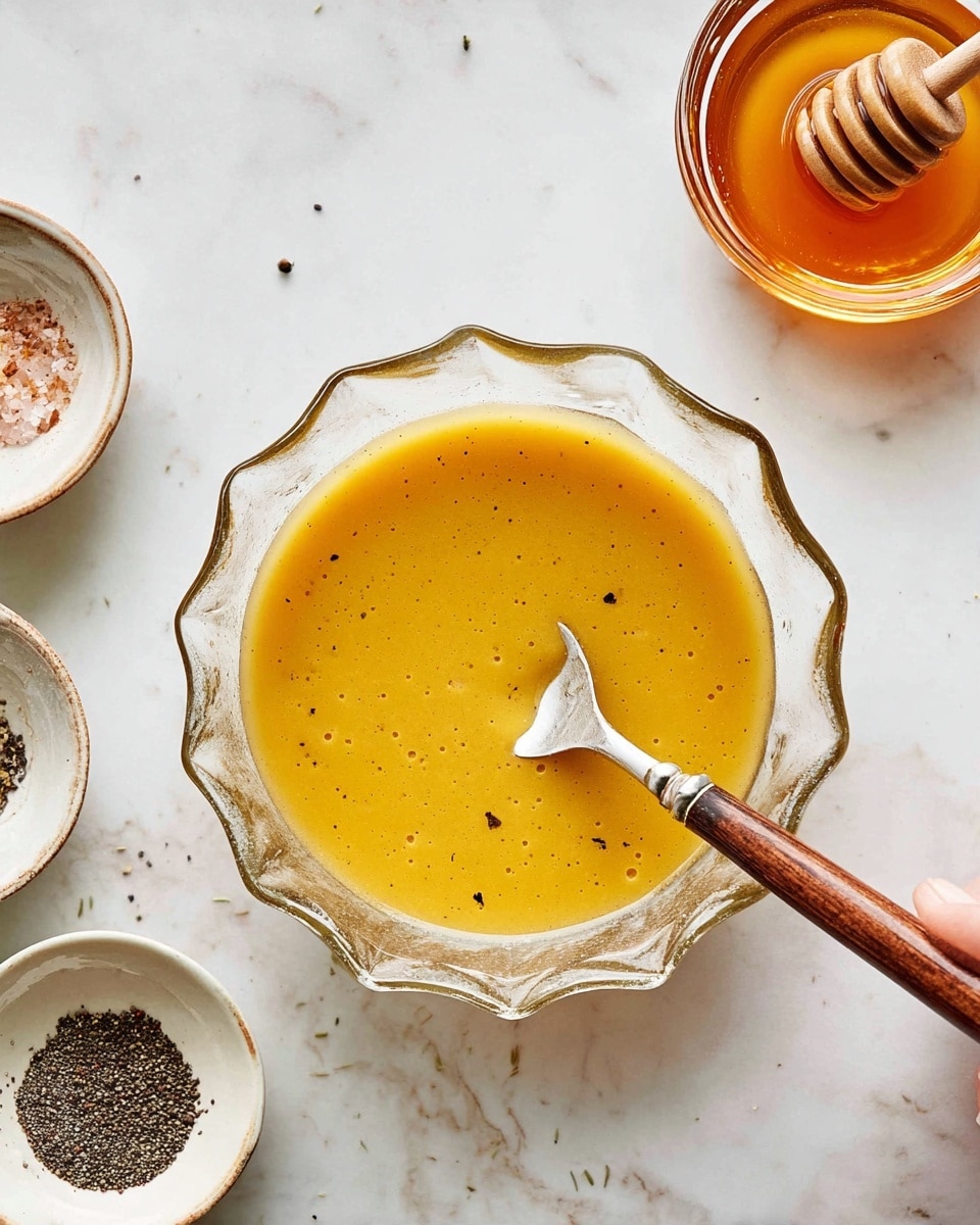 A clear glass bowl with a fluted edge holds a golden yellow sauce with a smooth texture and some tiny dark specks, and a spoon with a wooden handle rests inside the bowl with its metal part lightly covered in the sauce; above it to the right, a small glass bowl contains amber-colored honey with a wooden honey dipper resting on top, casting soft reflections; small white dishes with black pepper and light-colored powder surround the main bowl on a white marbled surface; part of a woman's hand is visible holding the spoon. photo taken with an iphone --ar 4:5 --v 7