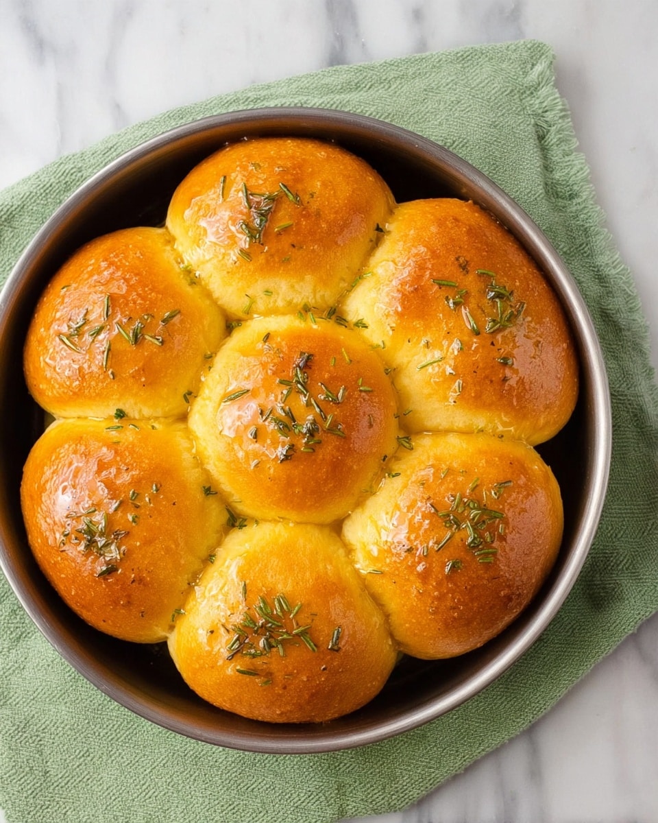 The image shows a round pan filled with seven golden brown dinner rolls, arranged closely together in a flower-like shape with one roll in the center and six surrounding it. Each roll has a shiny top coated with melted butter or glaze, sprinkled lightly with green herbs, possibly rosemary. The surface of the rolls is smooth with a slightly cracked texture, and they look soft and fluffy. The pan sits on a green cloth on a white marbled surface. photo taken with an iphone --ar 4:5 --v 7