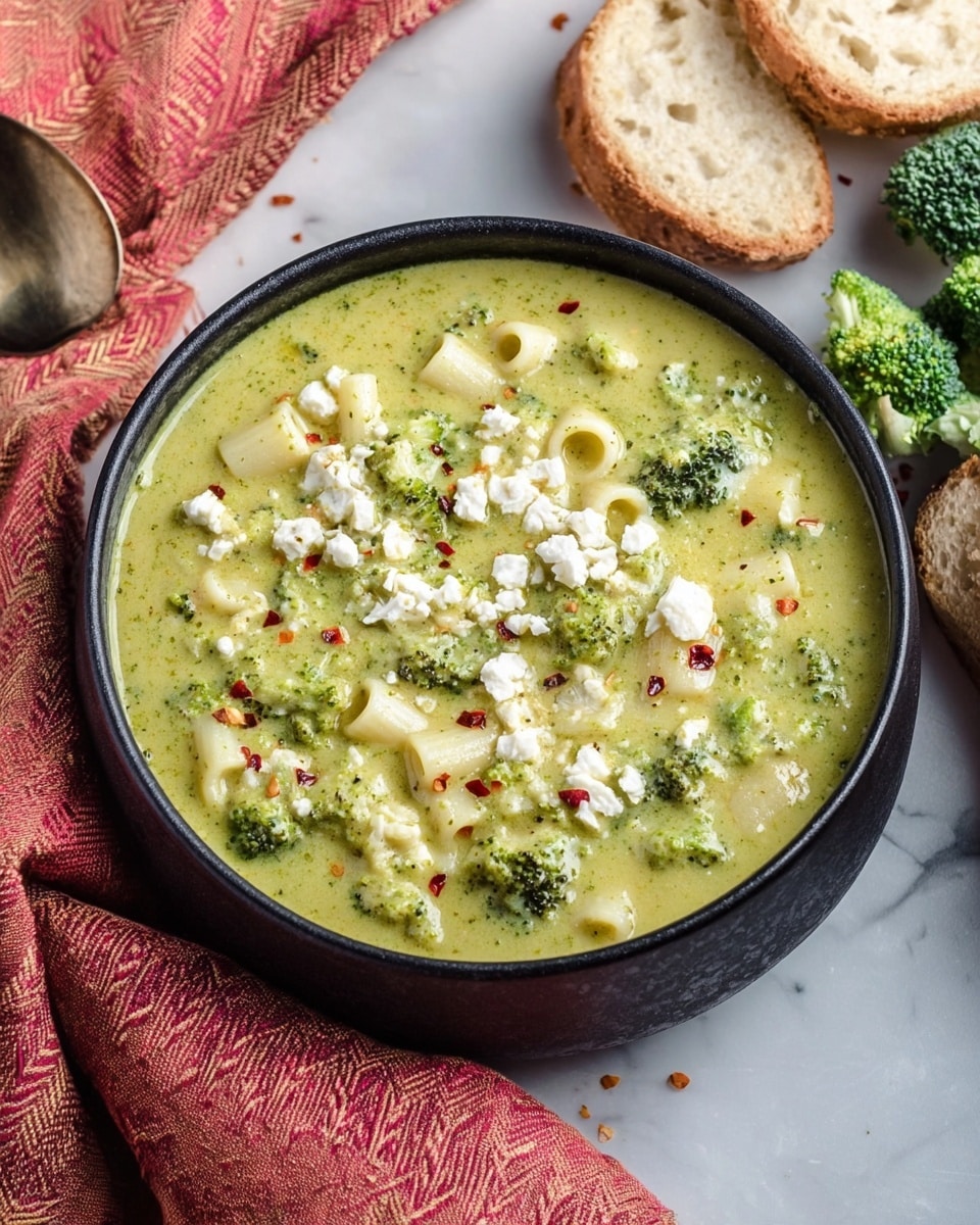A black bowl filled with creamy green soup, thick with small broccoli florets, tender pasta tubes, and soft white cheese crumbles sprinkled on top, with tiny red chili flakes adding color. The bowl rests on a white marbled surface next to slices of rustic bread and fresh broccoli, with a coral-pink cloth featuring a brown zigzag pattern partly visible behind the bowl. Photo taken with an iphone --ar 4:5 --v 7