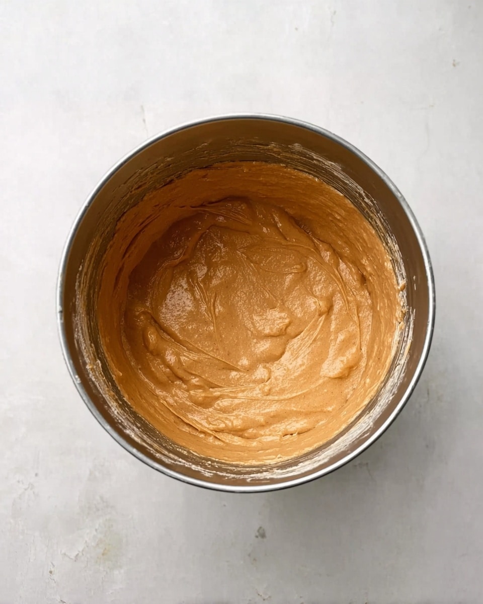 A shiny metal bowl filled with smooth, thick, light brown batter sits on a white marbled surface, with some batter marks around the inside edges of the bowl. The texture is creamy with a few small lumps, and the bowl is shown from above, filling most of the frame. photo taken with an iphone --ar 4:5 --v 7