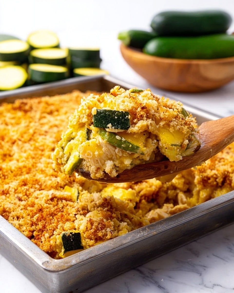 A close-up of a metal baking tray filled with a golden-yellow baked casserole topped with a crunchy crumb layer. A wooden spoon lifts a large portion showing layers of melted cheese, green zucchini pieces, and pale cooked chicken chunks beneath the crumb topping. In the background, there is a white marbled surface with a wooden bowl holding sliced green zucchini and whole zucchinis nearby, creating a fresh and inviting scene. Photo taken with an iphone --ar 4:5 --v 7