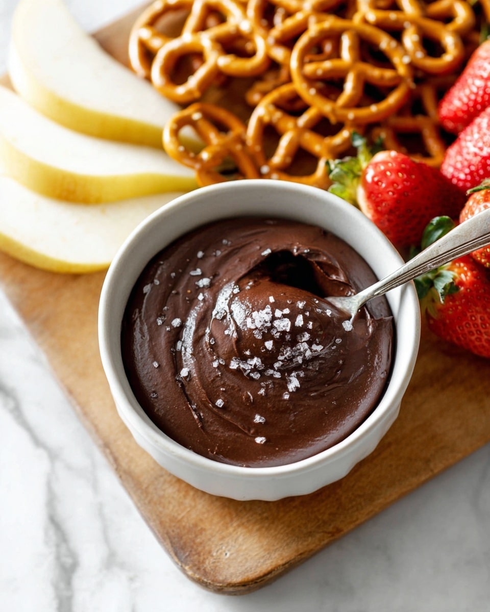 A white bowl filled with smooth, dark brown chocolate dip topped with flakes of salt, with a silver spoon partially inside showing soft texture; behind the bowl, there are light yellow pear slices on the left, a pile of golden brown pretzels in the middle, and bright red strawberries with green leaves on the right, all arranged on a wooden board placed on a white marbled surface photo taken with an iphone --ar 4:5 --v 7