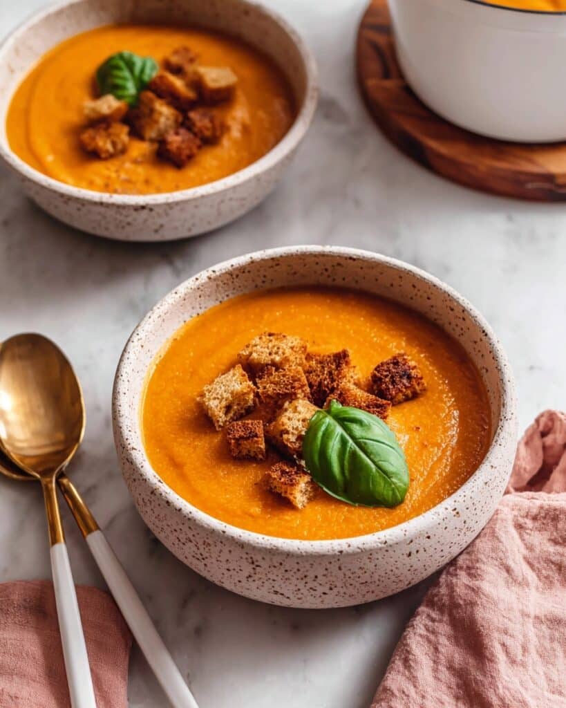 Roasted Pumpkin and Tomato Soup with Crispy Basil Croutons Recipe