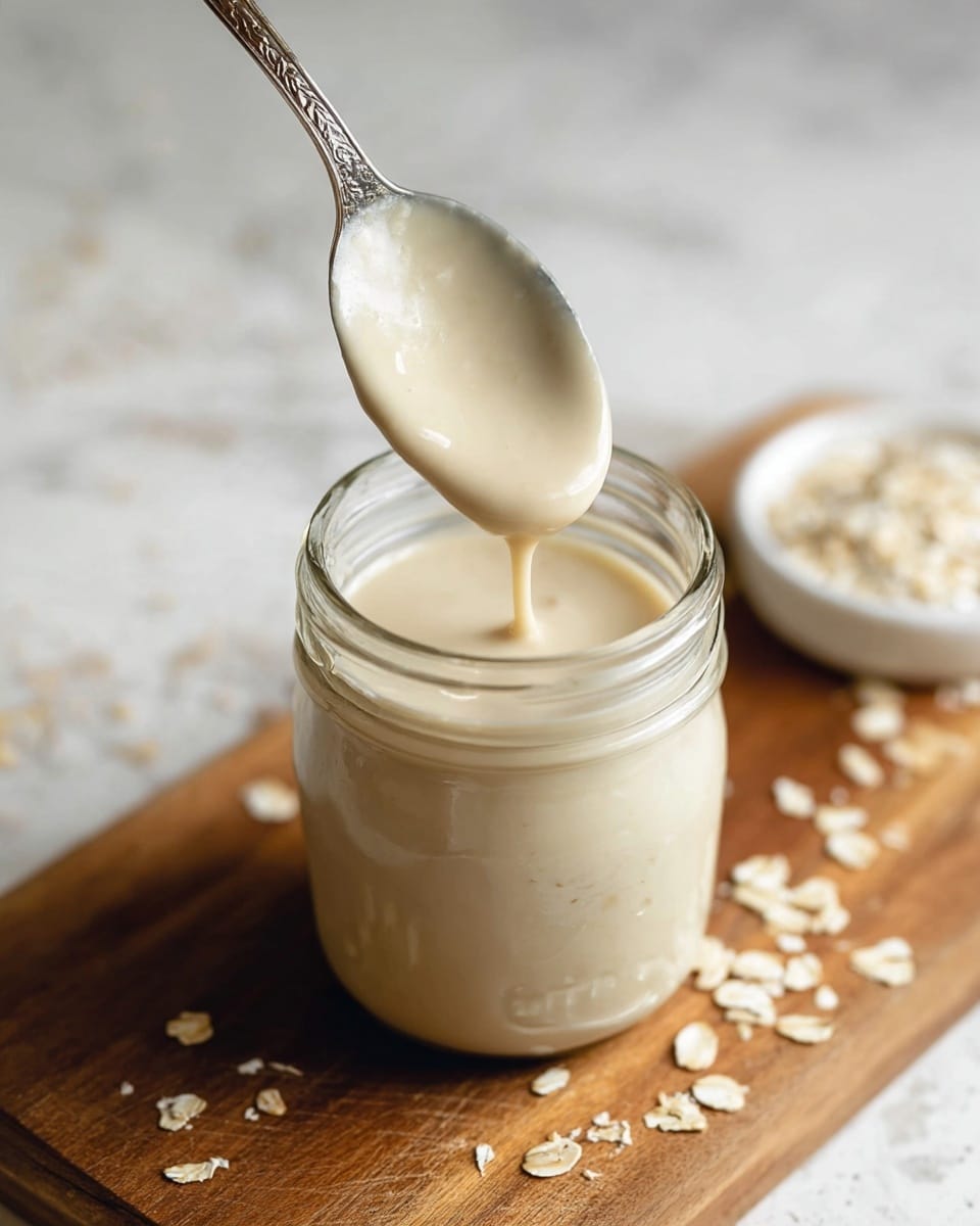 A close-up image shows a glass jar filled with creamy, light beige sauce with a smooth and thick texture. A detailed silver spoon is lifting some sauce from the jar, with a bit of sauce slowly dripping back into the jar. The jar sits on a wooden board with scattered oat flakes around it, and a small white bowl with more oat flakes is blurred in the background. The surface under the board is white marbled texture. photo taken with an iphone --ar 4:5 --v 7