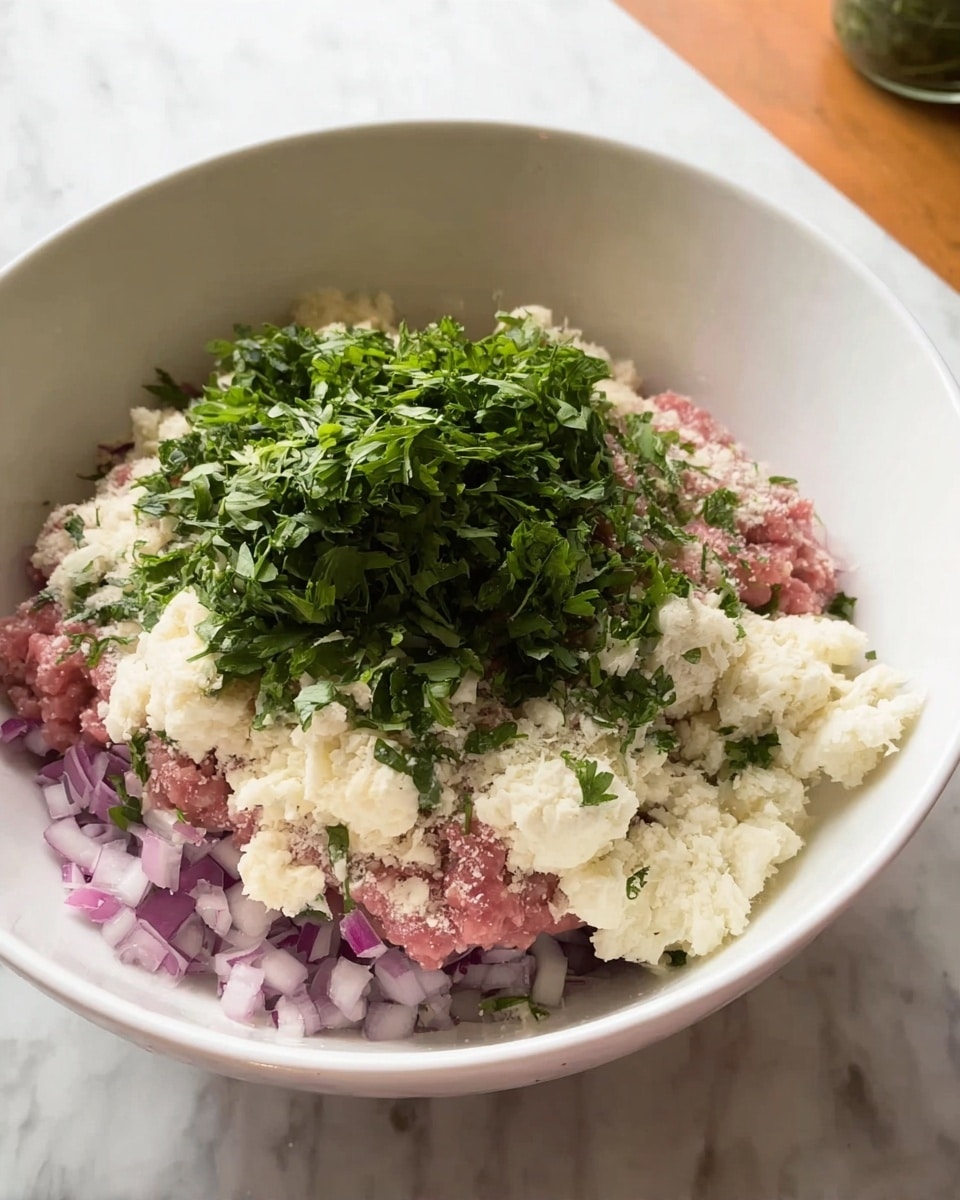 In a white bowl, there are layers of ingredients starting with finely chopped light purple onions at the bottom, followed by a layer of ground pink meat in the middle. On top of the meat, there are fluffy white crumbled pieces of a soft ingredient scattered around, and fresh bright green chopped herbs are piled in the center. The bowl is placed on a white marbled surface with a blurred jar visible in the background. Photo taken with an iphone --ar 4:5 --v 7