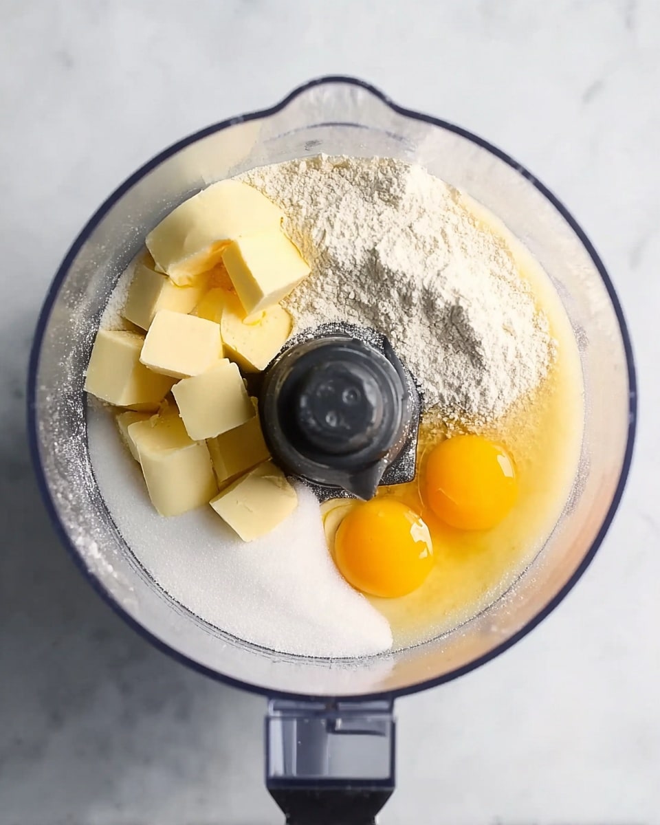 A clear food processor bowl shows ingredients inside on top of a white marbled surface. At the bottom is a layer of white granulated sugar. To the left on top of the sugar are several small yellow cubes of butter. To the right is a raw egg broken open with the yolk bright yellow and the egg white clear. In the center on top of the sugar is a small amount of white flour dusted around the black food processor blade. The background and surface beneath the bowl are white with light grey marbled texture. photo taken with an iphone --ar 4:5 --v 7