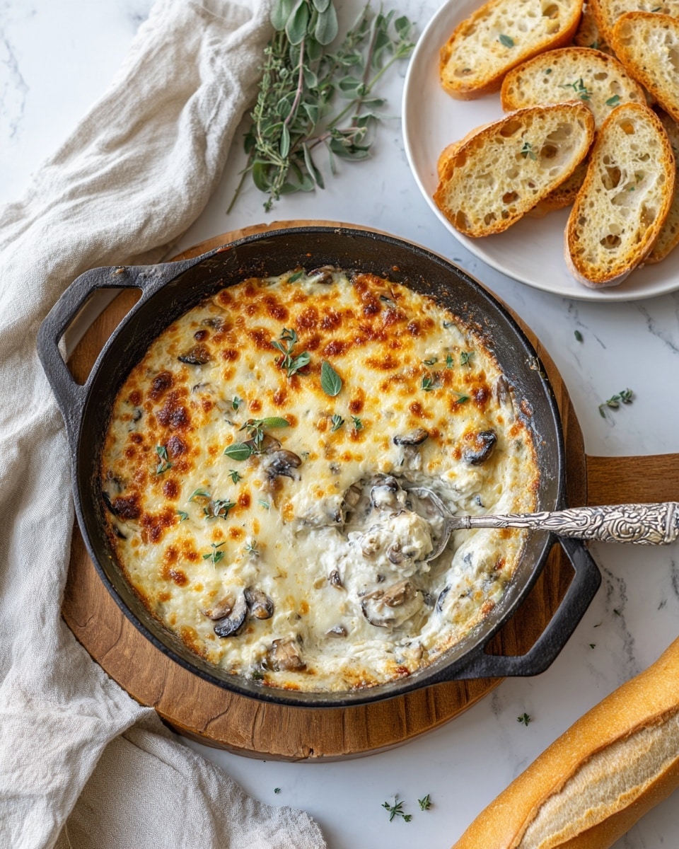 A black cast iron pan sits on a wooden board over a white marbled surface, filled with a creamy baked dip that has a golden brown melted cheese layer on top, scattered with small green herb leaves. Inside the dip, visible layers show white creamy cheese mixed with pieces of mushrooms. A silver spoon with a floral pattern on the handle rests inside the pan, scooping out some of the dip. To the right, a white plate holds several slices of toasted bread with a crunchy, light golden brown crust and textured air pockets. Above the pan, fresh green herb sprigs lie on a light beige cloth draped softly over part of the wooden board. At the bottom right, a light golden crust baguette rests partly in frame on the white marbled surface. photo taken with an iphone --ar 4:5 --v 7