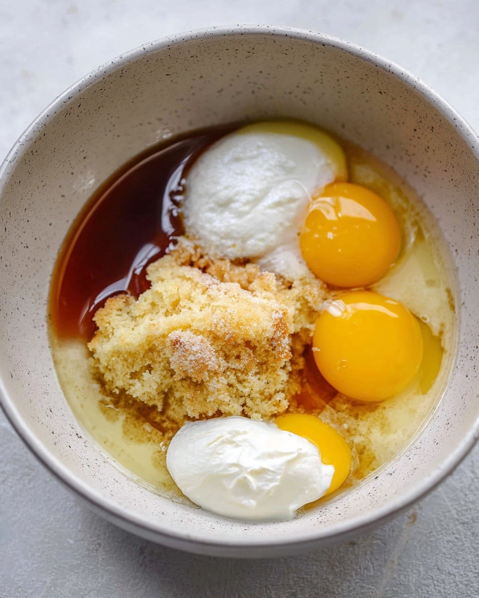 A close-up view of a white bowl with a light gray speckled design, containing four layers of ingredients: two raw eggs with bright yellow yolks and clear whites on the right top, a large dollop of white creamy substance near the bottom center, a golden brown crumbly cake-like piece in the middle, and a pool of dark brown syrup on the left side. The bowl is placed on a white marbled surface photo taken with an iphone --ar 4:5 --v 7