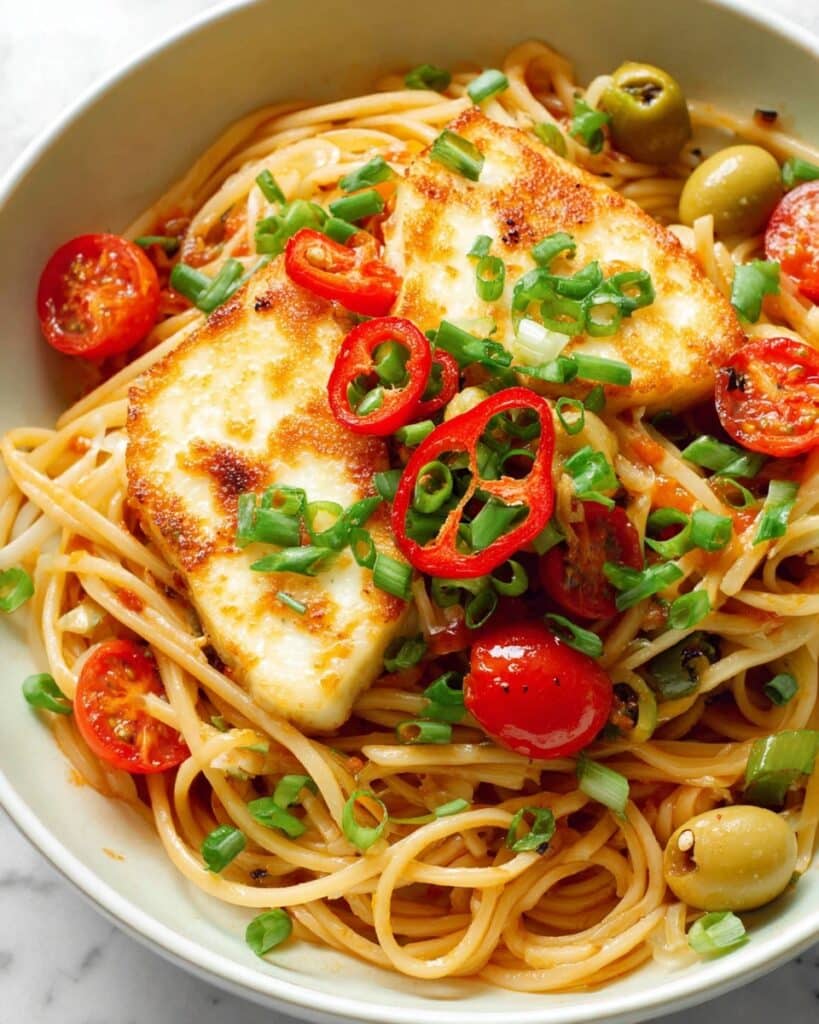Halloumi Pasta with Cherry Tomatoes, Olives, and Fresh Basil Recipe