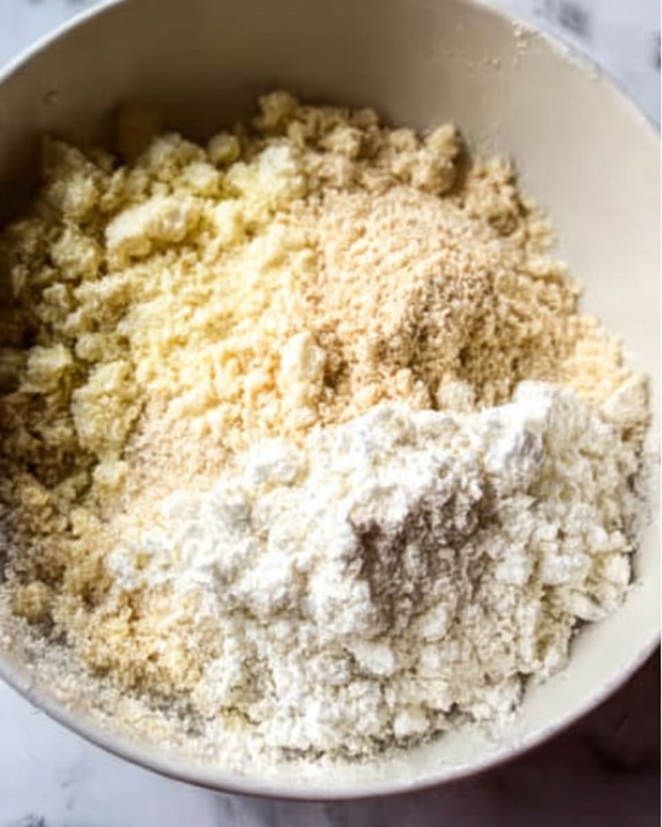 The image shows a close-up of a white bowl with a mix of dry and soft ingredients. There are three layers visible: the bottom layer is a crumbly, light beige mixture, the middle layer is a fine, pale yellow powder, and the top layer is a soft, crumbly white texture, all placed in the bowl. The bowl sits on a white marbled surface. photo taken with an iphone --ar 4:5 --v 7