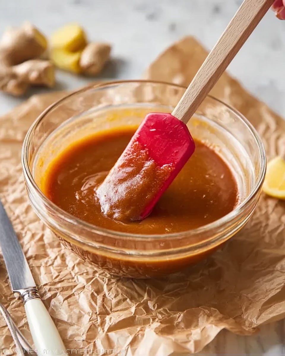 A clear glass bowl filled with a thick, smooth brown sauce with a slightly shiny surface. A red spatula with a wooden handle is dipped into the sauce, held by a woman's hand, slightly lifting the sauce. The bowl sits on crumpled light brown paper, with a white marbled texture beneath. Around the bowl, there is a silver spoon on the left side, a sharp knife on the right with a white handle, and a small yellow lemon wedge near the knife. In the background, some fresh ginger pieces are visible, slightly blurred. photo taken with an iphone --ar 4:5 --v 7