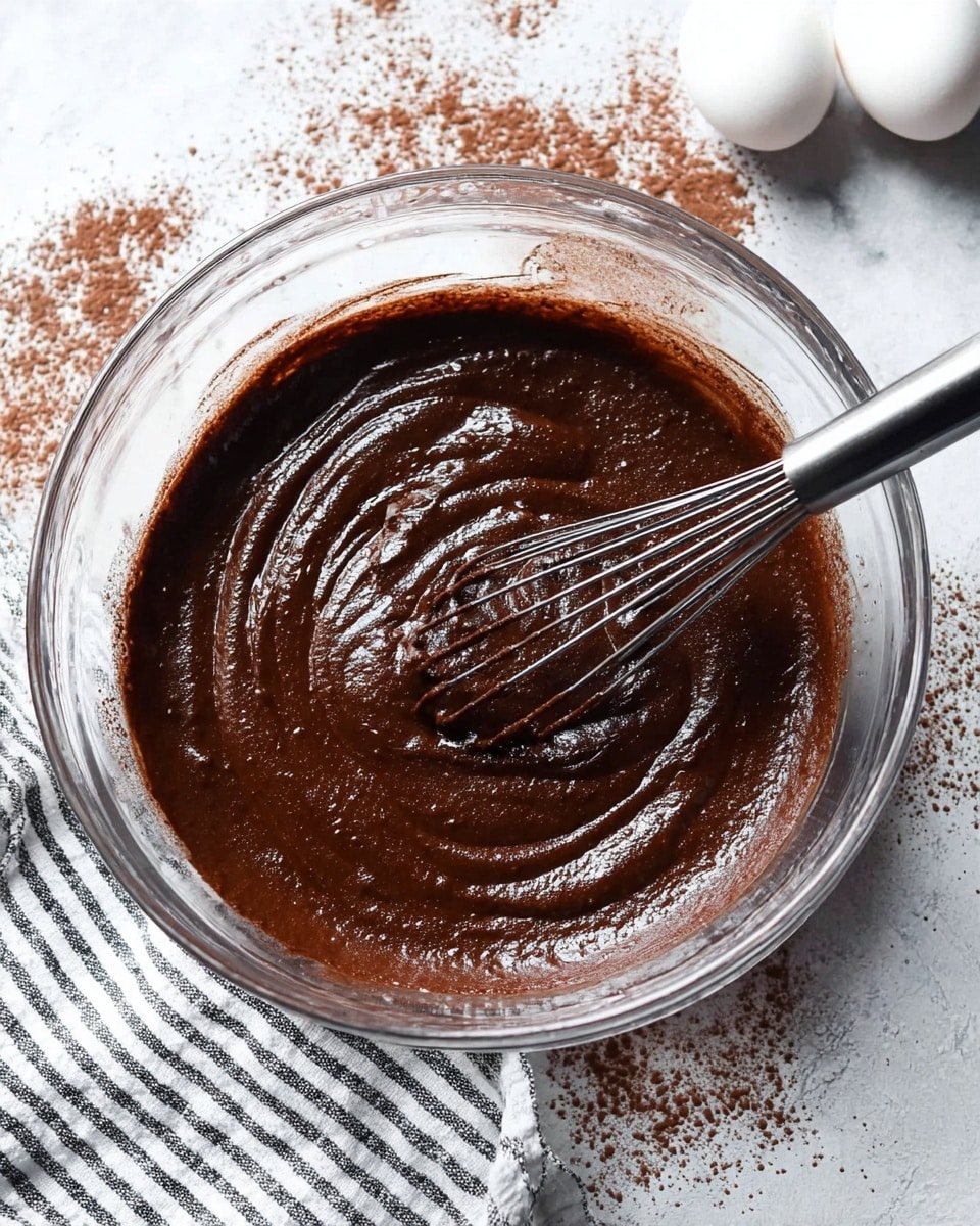 A large clear glass bowl filled with dark brown chocolate batter that looks thick and smooth, with visible swirls from mixing. A black whisk is resting in the batter, held by the thick chocolate clinging to it. Around the bowl, there are two white eggs on a white marbled surface, and some scattered cocoa powder creating a speckled effect. A white and black striped cloth is partially visible below the bowl. Photo taken with an iphone --ar 4:5 --v 7
