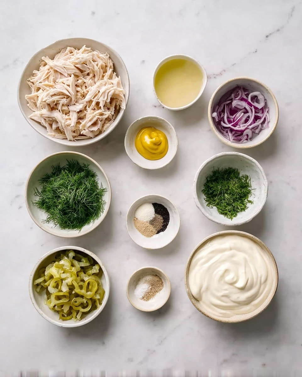 Nine small white bowls on a white marbled surface hold different ingredients. The largest bowl in the top left contains pale shredded chicken with a soft texture. To its right is a small bowl with smooth, bright yellow mustard. Above center is a bowl filled with finely chopped dark purple onion. Below the mustard is a bowl with finely chopped fresh green dill. Center holds a small bowl with white, black, and beige powders arranged in separate small piles. The lower left bowl has light green chopped pickles with a wet look. On the bottom right, a bowl contains thick creamy white yogurt or mayonnaise, and next to it on the left is a bowl with a thin, pale liquid, possibly lemon juice or vinegar. photo taken with an iphone --ar 4:5 --v 7