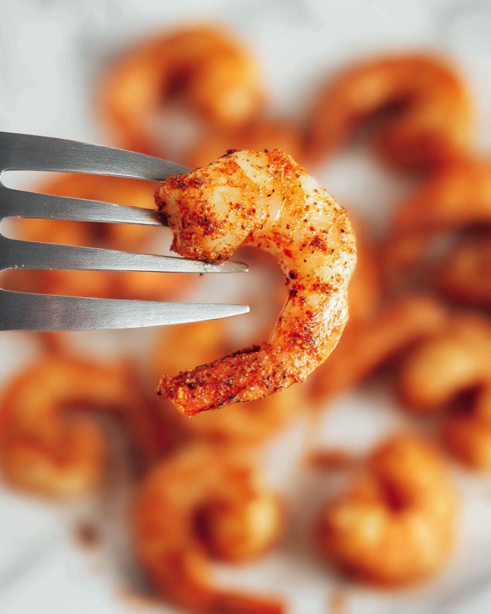 A close-up of a single seasoned cooked shrimp held by a fork's four metal prongs, showing a curved shape with a red-orange color and visible spices sprinkled on its textured surface. In the softly blurred background, many more shrimp with the same colors and spices lie scattered on a white marbled surface. photo taken with an iphone --ar 4:5 --v 7