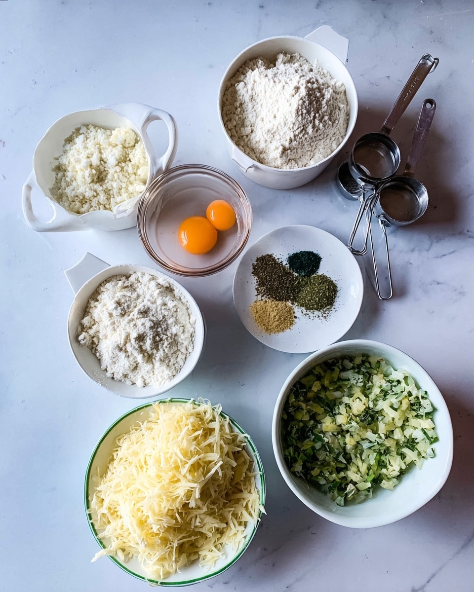 On a white marbled surface, there are several small containers holding ingredients: a white measuring cup filled with white flour, a white cup filled with a crumbly white substance, and a metal measuring cup also filled with a crumbly white ingredient. Next to these is a clear glass measuring cup with two orange egg yolks inside. A small white plate holds a mix of light brown and dark green dried herbs and powders. To the right, a white bowl contains chopped green herbs or vegetables, and below it is another white bowl with finely shredded pale yellow cheese. The colors are mostly light with white, green, and soft yellow tones, arranged in a neat group with clear textures visible. photo taken with an iphone --ar 4:5 --v 7