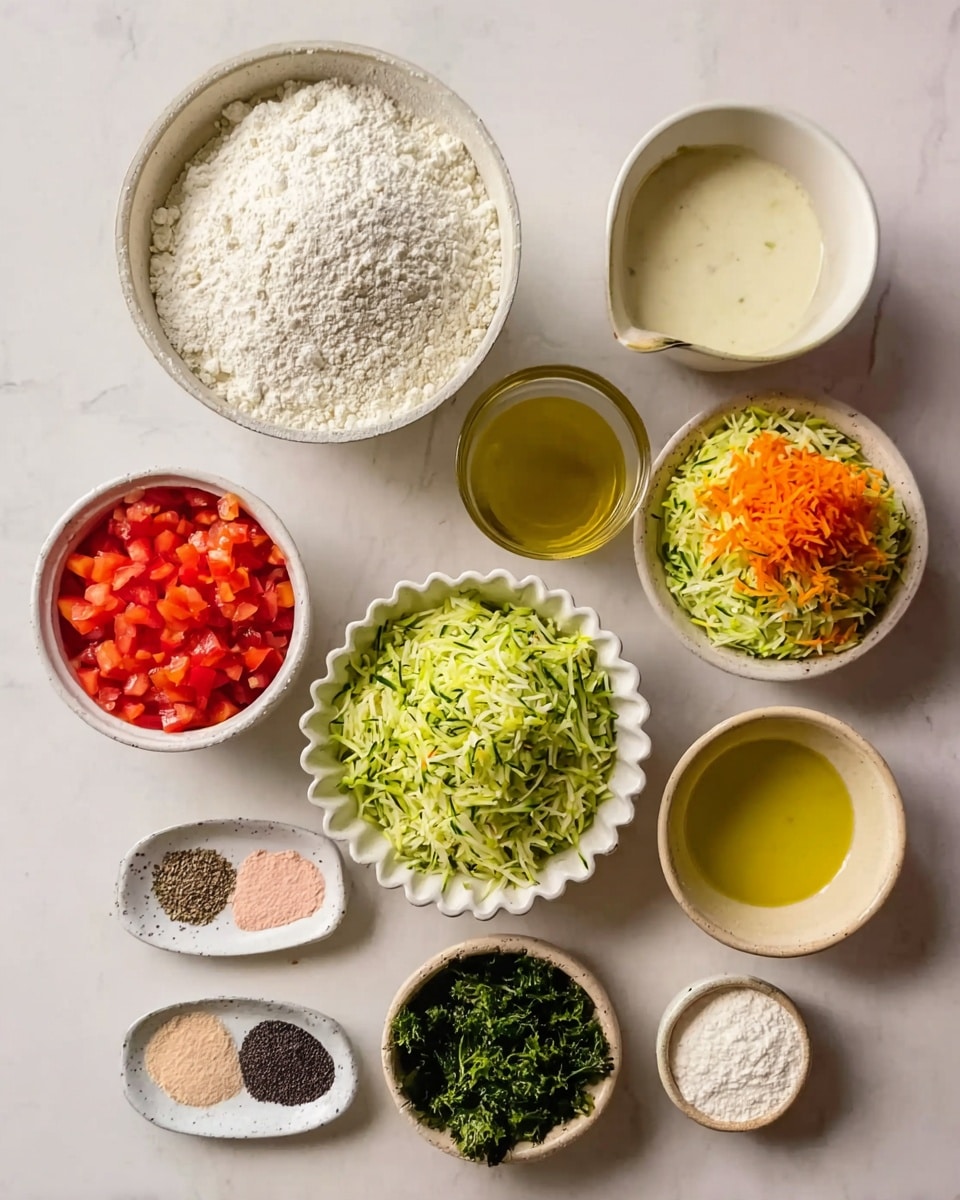 The image shows eight bowls and dishes arranged neatly on a white marbled surface. At the top center is a large round bowl filled with white flour that has a soft, powdery texture. Below it, a scalloped white bowl holds three piles of shredded vegetables: green zucchini on the left, orange carrot in the middle, and pale green herbs mixed in. To the right of the flour bowl is a small white bowl with a smooth, creamy liquid, and next to it is a clear glass cup filled with yellow oil. Below the shredded vegetables, there is a white bowl divided into two parts with bright red diced tomatoes on the left and dark green leafy herbs on the right. On the bottom left, a small oval dish holds three different dry spices or powders in separate piles: one is light pink, one black, and one light beige. To the right of this dish is a small white bowl filled with fine white powder, and next to that is another small beige bowl containing light yellow powder. The whole setup is clean and organized with a soft natural light. Photo taken with an iphone --ar 4:5 --v 7