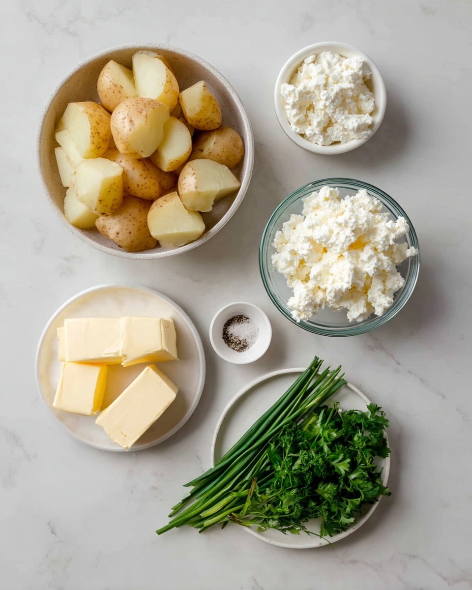 The image shows six bowls arranged on a white marbled surface. At the top center, there is a bowl filled with chunks of potato pieces with a light brown skin and pale yellow inside. To the right of it is a clear glass bowl filled with white cottage cheese that has a soft, lumpy texture. Below the potato bowl on the left, there is a small white bowl containing three chunks of pale yellow butter. Below that, another white bowl holds two larger blocks of the same butter. In the center is a small white bowl with coarse salt and ground black pepper. Finally, at the bottom right, a white plate holds fresh green parsley and chives, layered in a loose bundle. The clean and simple setting highlights each ingredient clearly. photo taken with an iphone --ar 4:5 --v 7