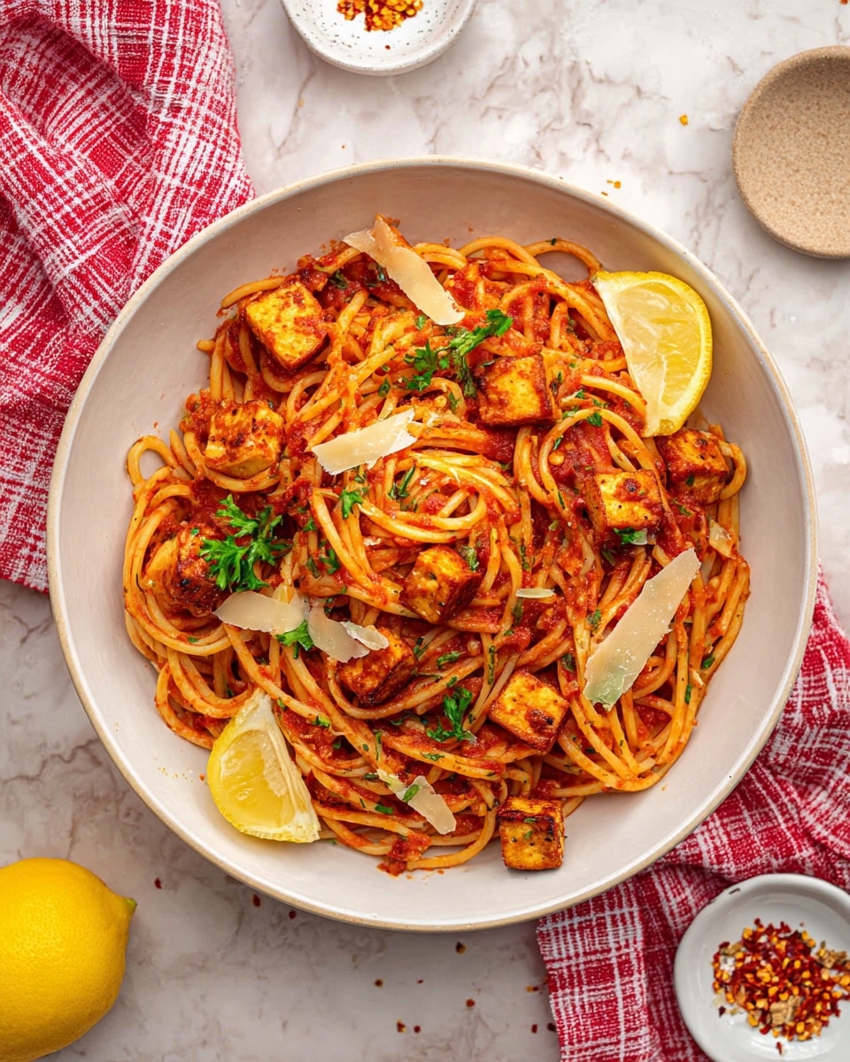 Lemony Chili Tomato Linguine with Crisp Tofu Recipe