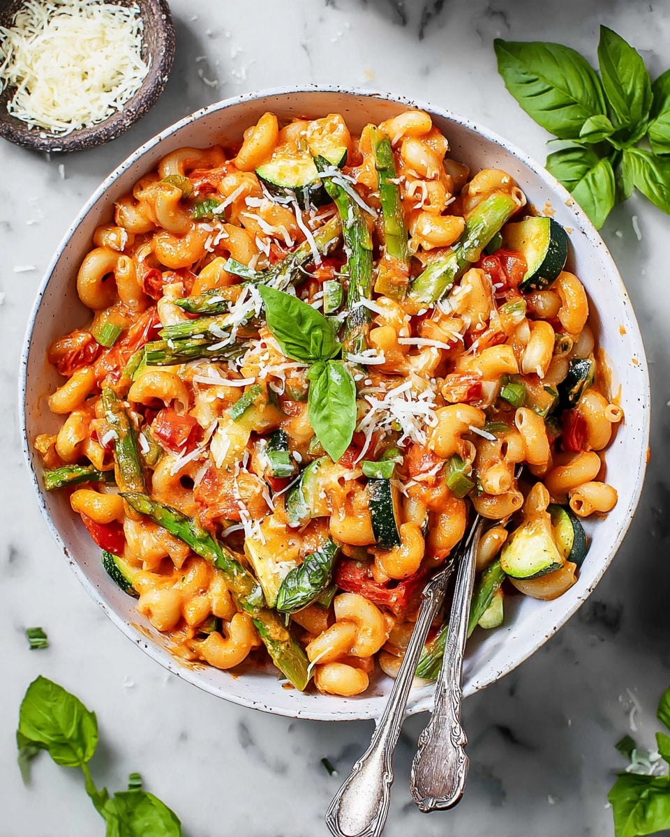 A white bowl filled with three main layers: the bottom layer is elbow macaroni pasta in a creamy orange tomato sauce, mixed with small chunks of red tomatoes and pieces of green asparagus and zucchini; the middle layer includes bright green asparagus stalks and round green zucchini slices, all coated with the same sauce; the top layer is sprinkled with white shredded cheese and small green basil leaves placed decoratively on top and around the edges. Two vintage silver forks are placed on each side of the bowl, resting inside it. The bowl is on a white marbled surface with scattered green basil leaves nearby. Photo taken with an iphone --ar 4:5 --v 7