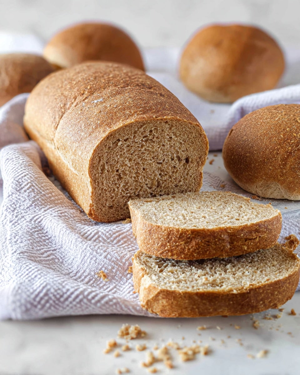The image shows one loaf of brown bread with a rough, grainy texture, resting on a white cloth with a simple weave pattern on a white marbled surface. Two slices are cut from the loaf and placed in front of it, showing the soft, light brown inside filled with small grains. Around the loaf, there are four round bread rolls with a similar brown color and grainy surface, one roll is opened to show its fluffy inside. The whole scene looks fresh and natural, with crumbs scattered lightly on the cloth and surface. photo taken with an iphone --ar 4:5 --v 7