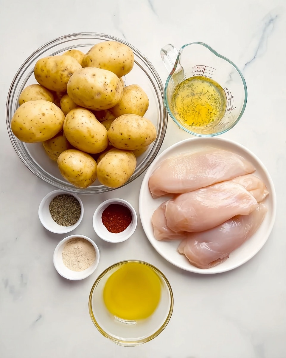A clear glass bowl filled with medium-sized yellow potatoes sits on a white marbled surface, next to a white plate holding four raw, pale pink chicken fillets layered slightly on top of each other. Above the potatoes, a small clear measuring jug contains a yellow liquid with herbs floating in it. Nearby, a small white bowl holds an assortment of powdered spices in colors including white, black, light brown, and red. A tiny clear bowl filled with a golden-yellow oil sits below the potatoes. photo taken with an iphone --ar 4:5 --v 7