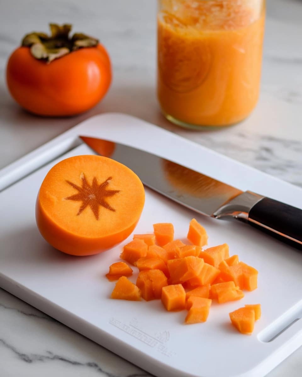 The image shows a white cutting board on a white marbled surface with a whole orange persimmon fruit placed to the back left. On the cutting board, there is a half persimmon with a smooth orange inner texture and a star-like pattern in the center. In front of the half persimmon, there are small, uneven orange diced pieces scattered. A large silver knife with a black handle is placed diagonally on the cutting board to the right side. In the background, there is a glass jar filled with orange puree. photo taken with an iphone --ar 4:5 --v 7